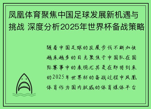 凤凰体育聚焦中国足球发展新机遇与挑战 深度分析2025年世界杯备战策略